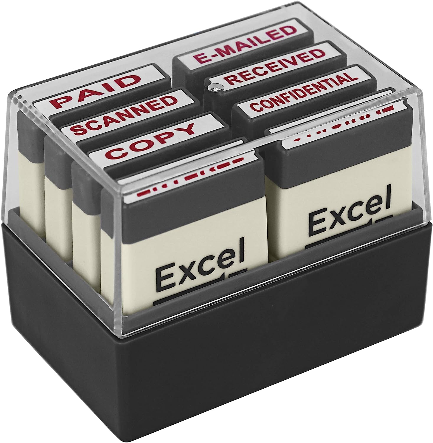 ExcelMark Mini Office Message Rubber Stamp Set - Red Ink - Storage Tray Included - Image 7